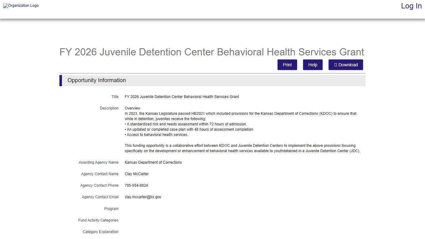 Euna Grants - Kansas Department of Corrections - FY 2026 Juvenile Detention Center Behavioral Health Services Grant